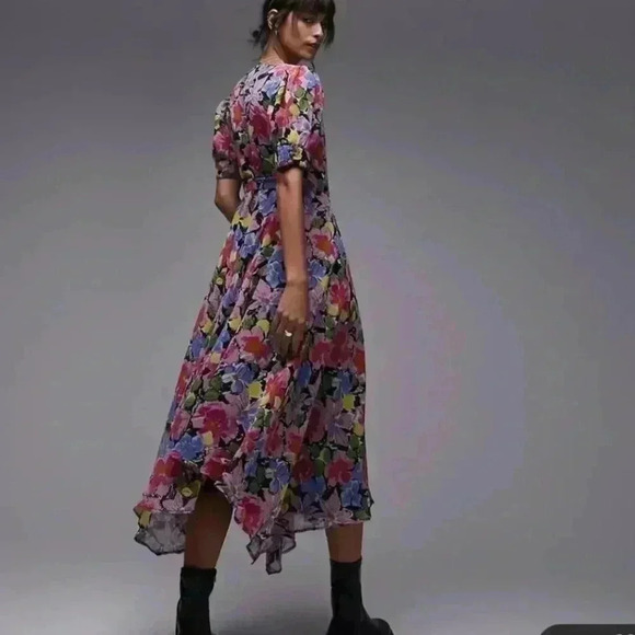 Topshop Print Wrap Midi Dress in Pink Multi Size 2 - Picture 4 of 8